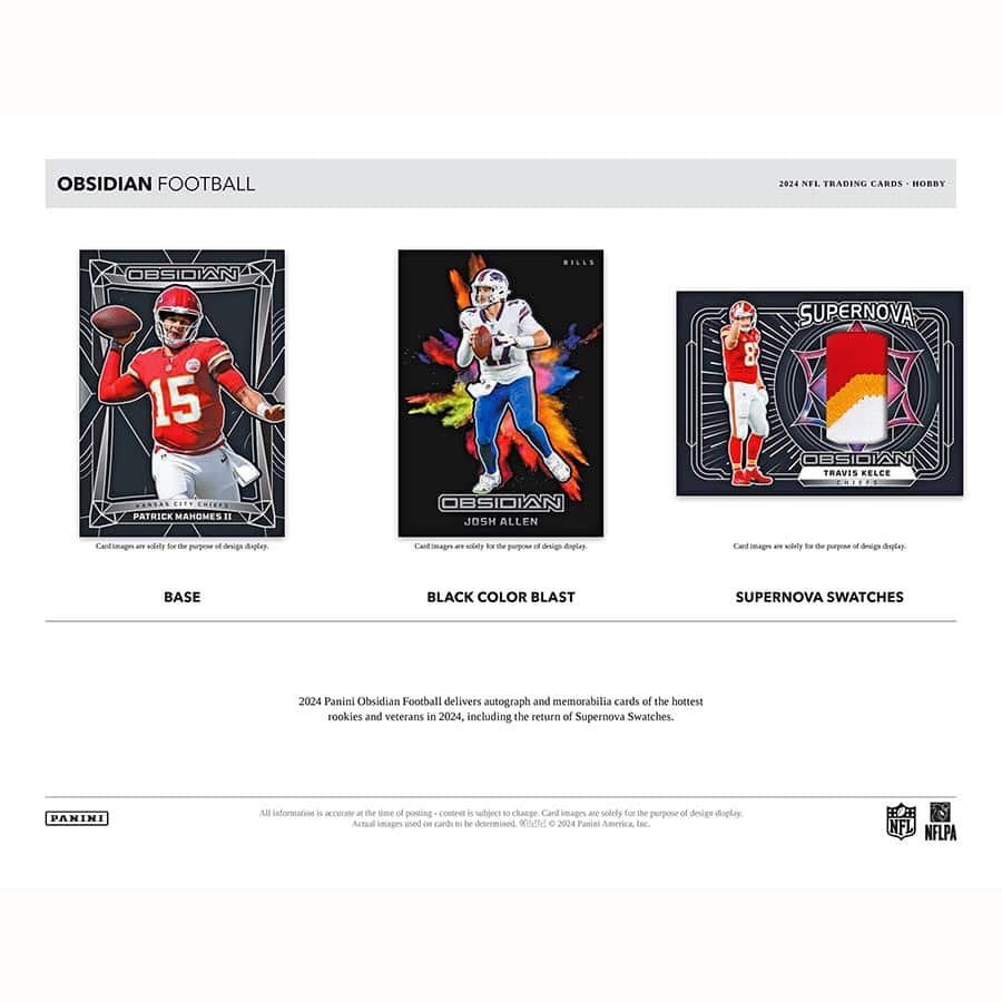 2024 Panini Obsidian Football marketing sheet showing Sample Cards of Base Cards, Black Color Blast Cards, and Supernova Swatches Cards