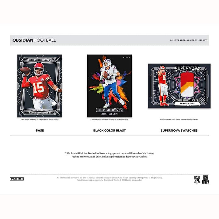 2024 Panini Obsidian Football marketing sheet showing Sample Cards of Base Cards, Black Color Blast Cards, and Supernova Swatches Cards