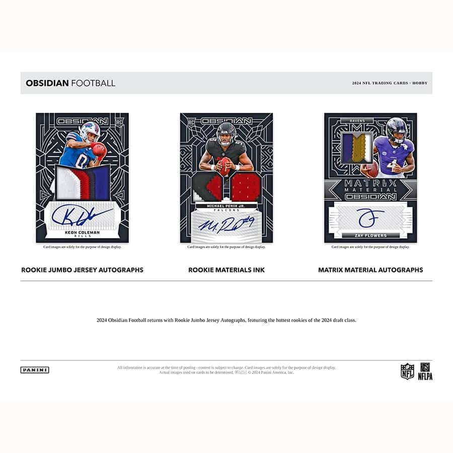 2024 Panini Obsidian Football marketing sheet showing Sample Cards of Rookie Jumbo Jersey Autograph Cards, Rookie Materials Ink Cards, and Matrix Material Autograph Cards