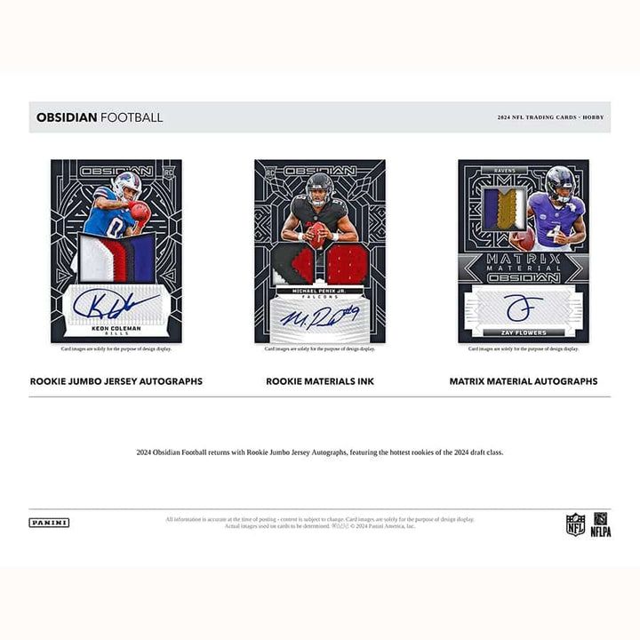 2024 Panini Obsidian Football marketing sheet showing Sample Cards of Rookie Jumbo Jersey Autograph Cards, Rookie Materials Ink Cards, and Matrix Material Autograph Cards