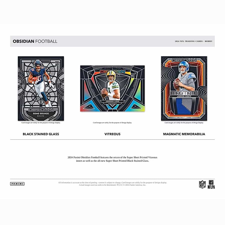 2024 Panini Obsidian Football marketing sheet showing Sample Cards of Black Stained Glass, Vitreous, and Magmatic Memorabilia Cards