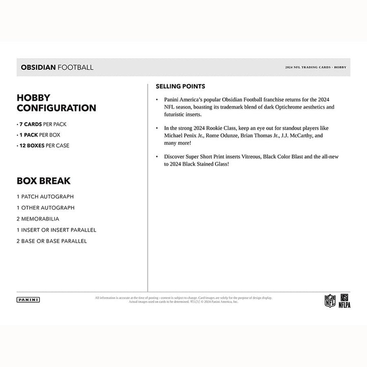A marketing sheet for 2024 Obsidian Football Hobby Box detailing the Box Configuration and popular selling points.