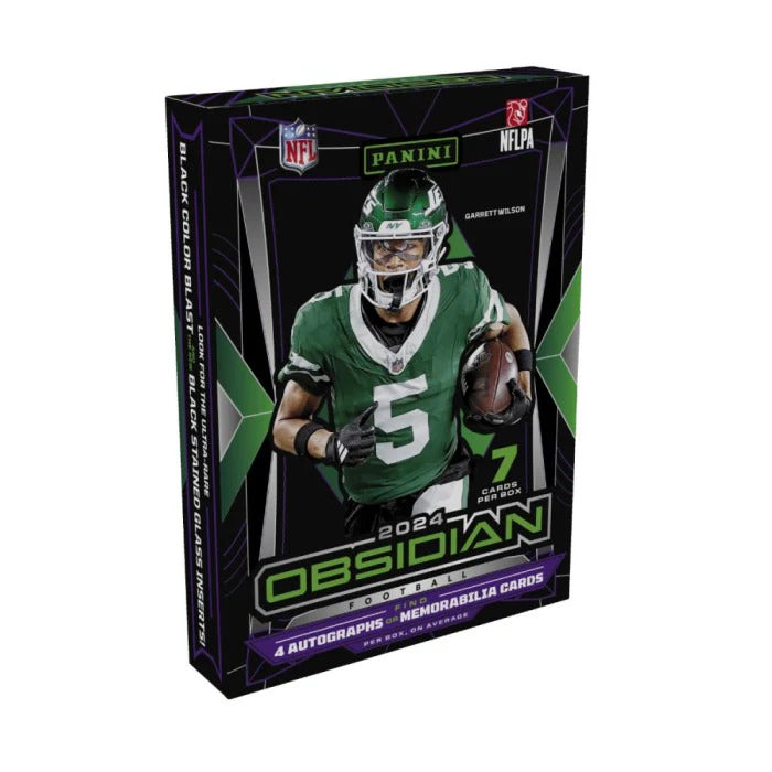 A sealed hobby box of 2024 Panini Obsidian Football cards featuring an image of an NFL player in green and orange uniform on the front.