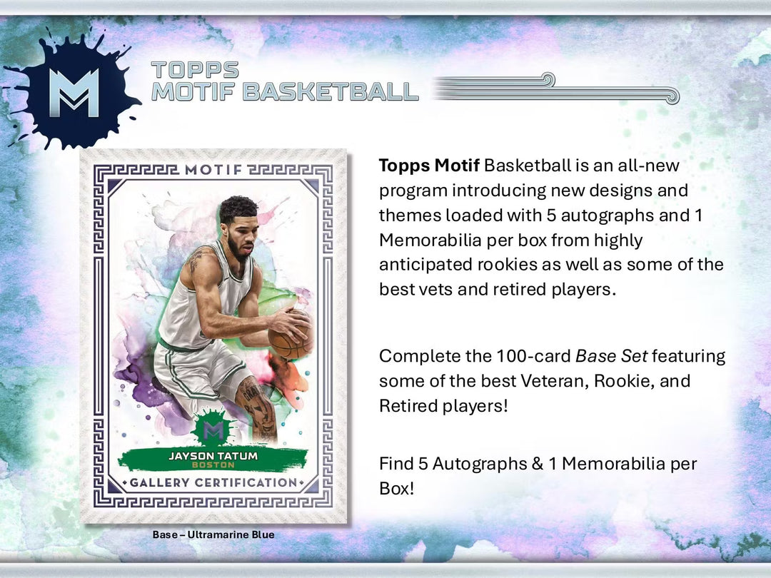 Topps Motif Basketball trading card featuring a player with promotional text about the program.