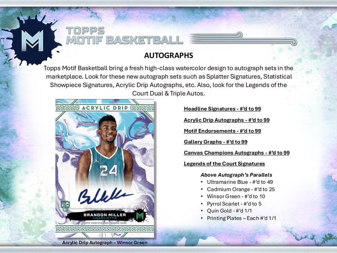 Basketball trading card with player image and signature on a colorful background