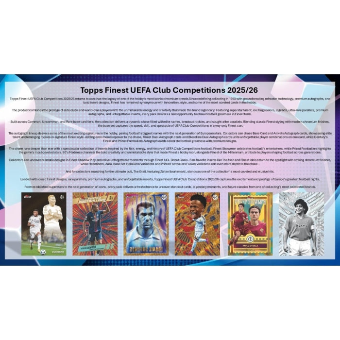 A promotional write up highlighting product features of the 2025-2026 Topps Finest UEFA Club Competitions Soccer Hobby Box on a white background.