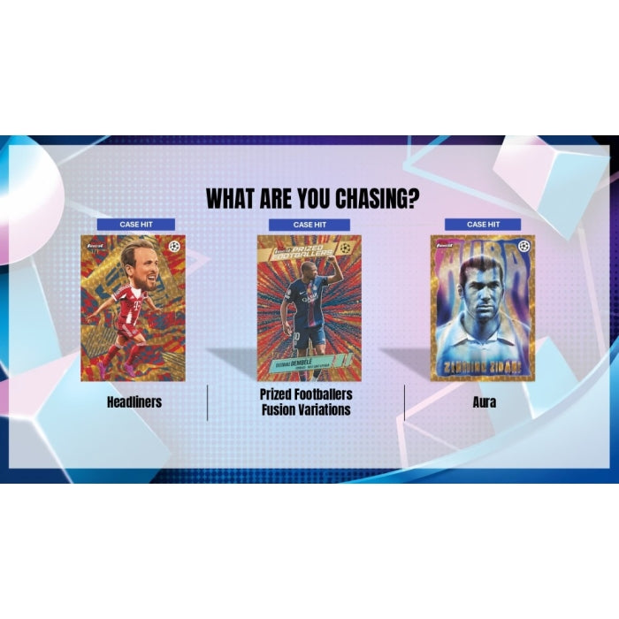 A promotional write up highlighting Headliners, Prized Footballers Fusion Variations, and Aura cards that can be found in 2025-2026 Topps Finest UEFA Club Competitions Soccer Hobby Box on a white background.