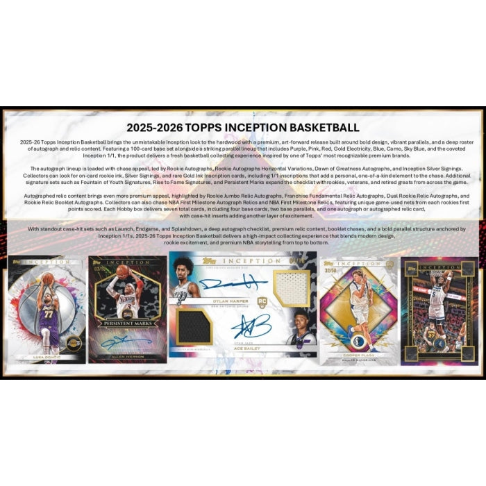 A product information card for the 2025-2026 Topps Inception Basketball trading card set, featuring a large block of descriptive text at the top and a row of small sample card images along the bottom.