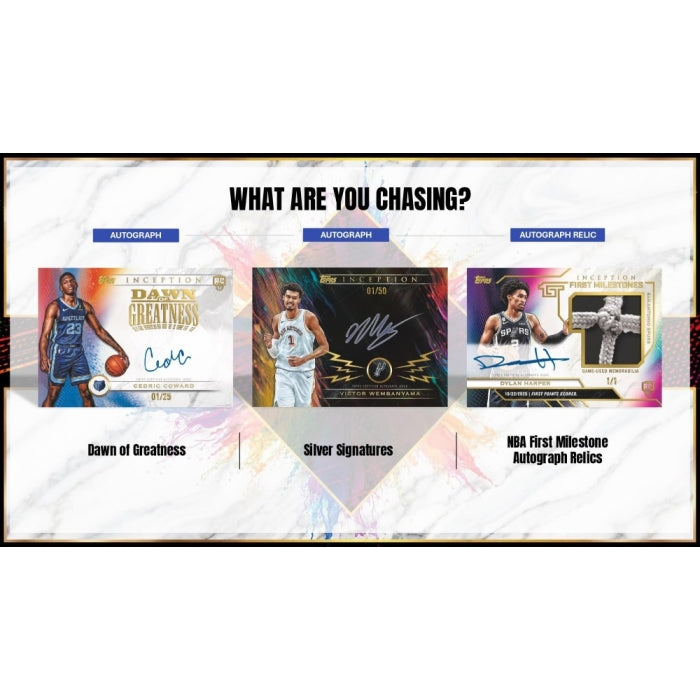 A promotional graphic for a basketball autograph trading card set, featuring three sample card designs labeled 'Dawn of Greatness,' 'Silver Signatures,' and 'NBA First Milestone Autograph Relics,' with the headline 'WHAT ARE YOU CHASING?'.