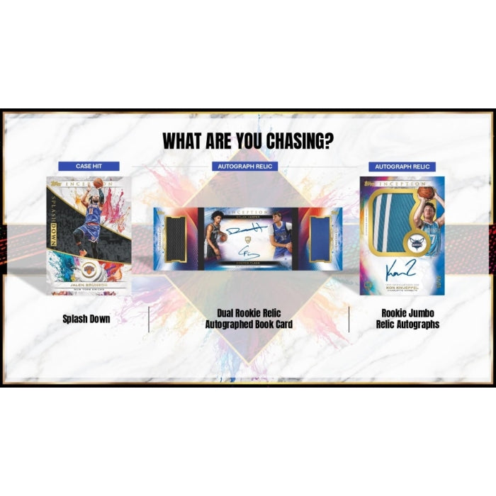 A promotional graphic for a trading card lot offering three options: a case hit, a dual rookie relic autographed deck card, and a rookie jumbo relic autograph. The graphic features three product previews on a white marble-textured background with the headline 'WHAT ARE YOU CHASING?'.