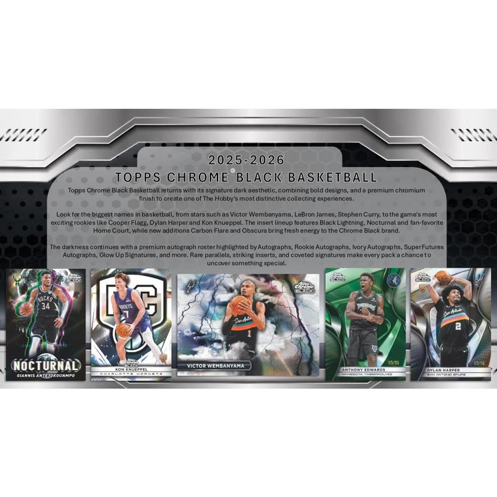 Topps Chrome Black Basketball 2025-2026 trading card box front packaging, featuring a dark metallic design with team card previews along the bottom.