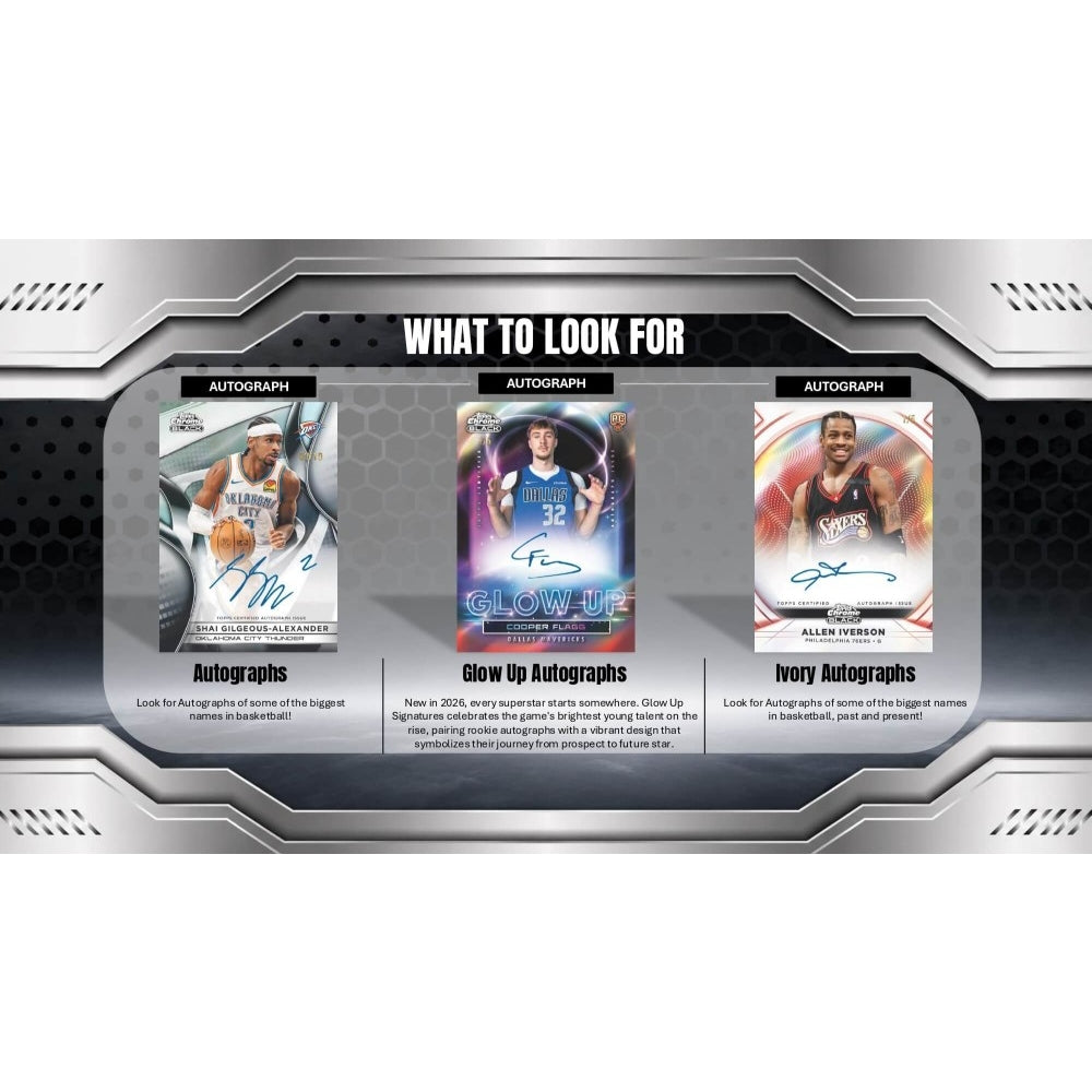 A promotional graphic titled 'WHAT TO LOOK FOR' for a basketball trading card set, showing three sample card designs: Autograph, Glow Up Autographs, and Ivory Autographs, with brief descriptions below each card on a metallic gray panel.