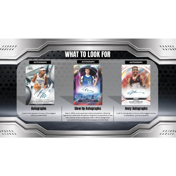 A promotional graphic titled 'WHAT TO LOOK FOR' for a basketball trading card set, showing three sample card designs: Autograph, Glow Up Autographs, and Ivory Autographs, with brief descriptions below each card on a metallic gray panel.