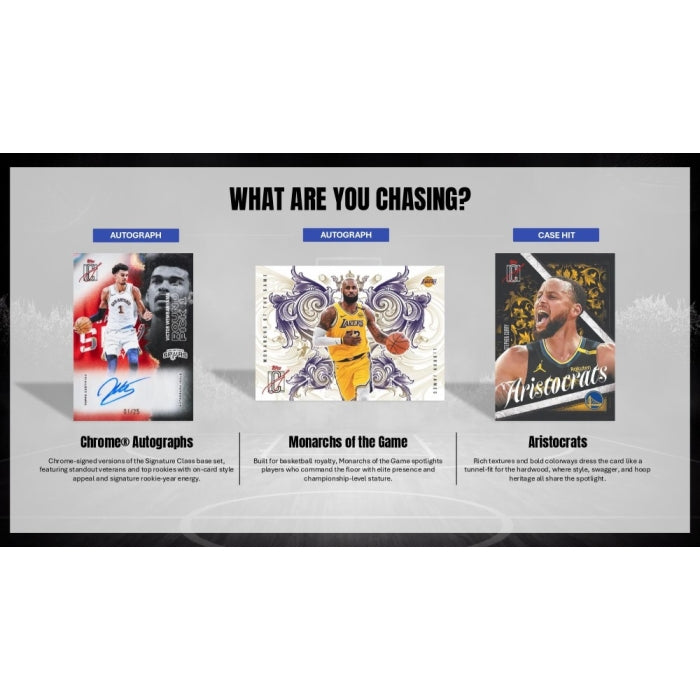 Promotional graphic for sports trading cards with player images and text on a gray background.