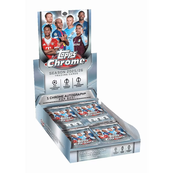 Topps Chrome trading card pack with football players on a white background