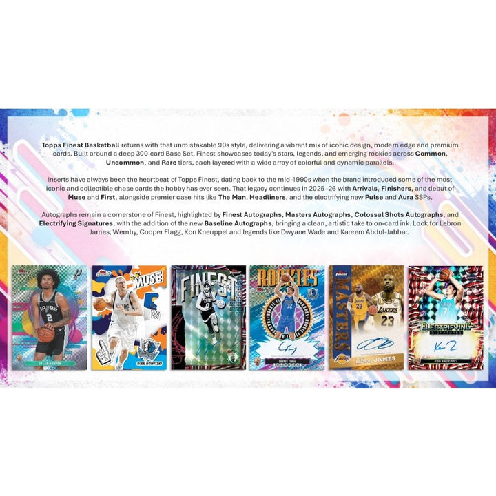 A promotional page displaying examples of 2025-2026 Topps Finest Basketball Cards.