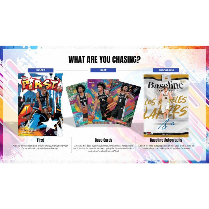 A promotional page displaying examples of 2025-2026 Topps Finest Basketball Cards.