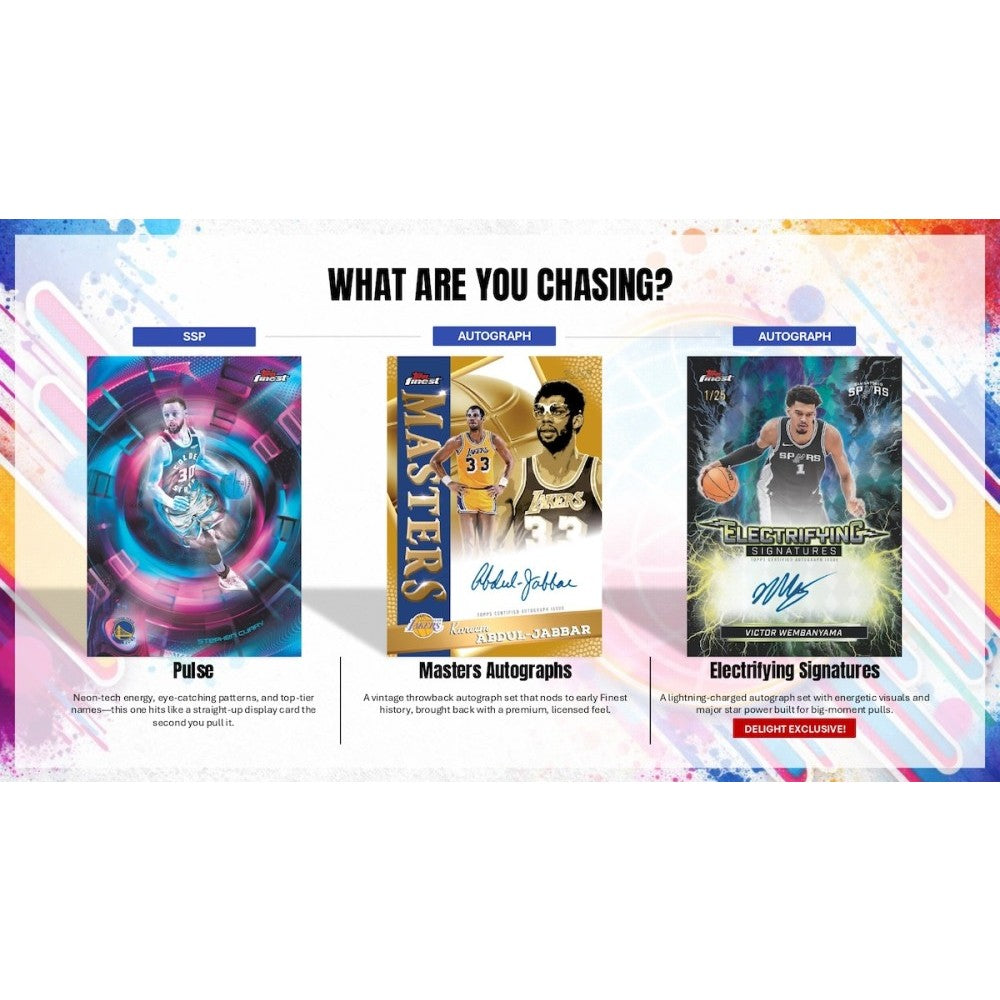 A promotional page displaying examples of 2025-2026 Topps Finest Basketball Cards.