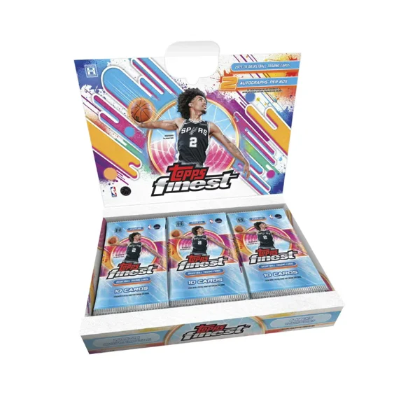 A 2025-2026 Topps FInest Box with a Basketball Player on a white background.