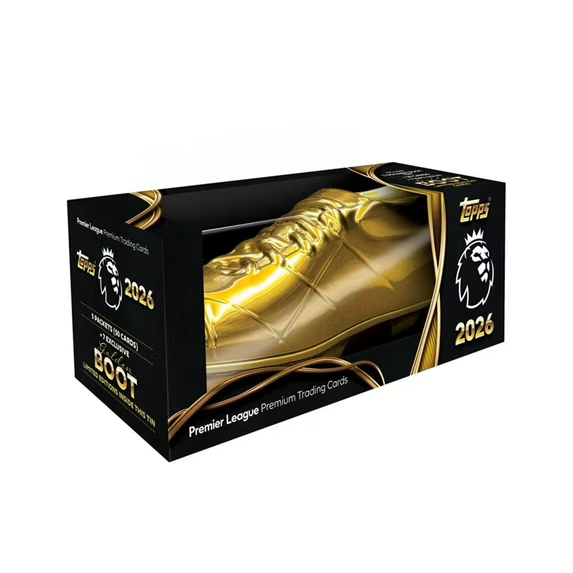 Gold boot in a black packaging box with 'Premier League 2026' branding on a white background