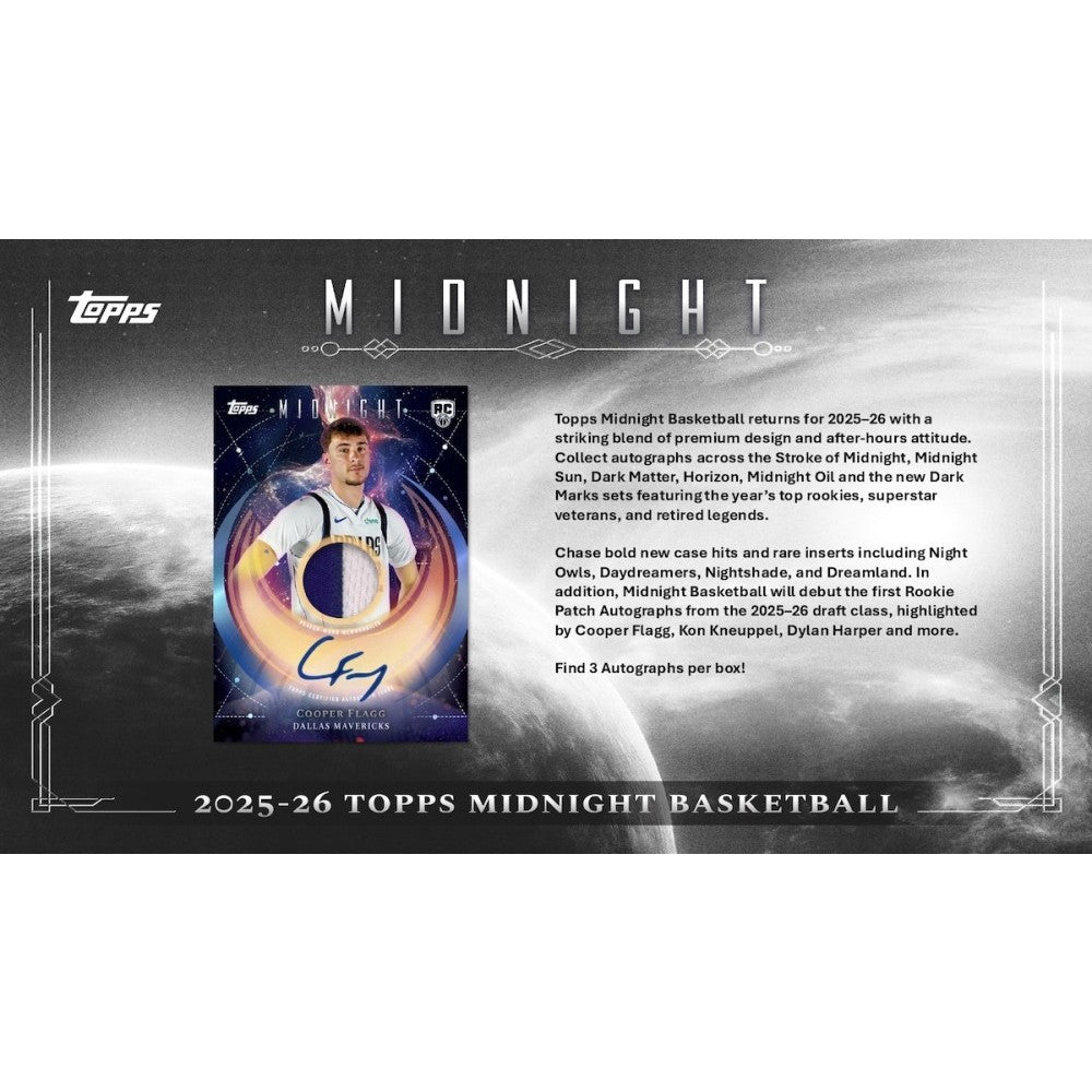 Topps Midnight Basketball trading card with player image and promotional text on a dark background