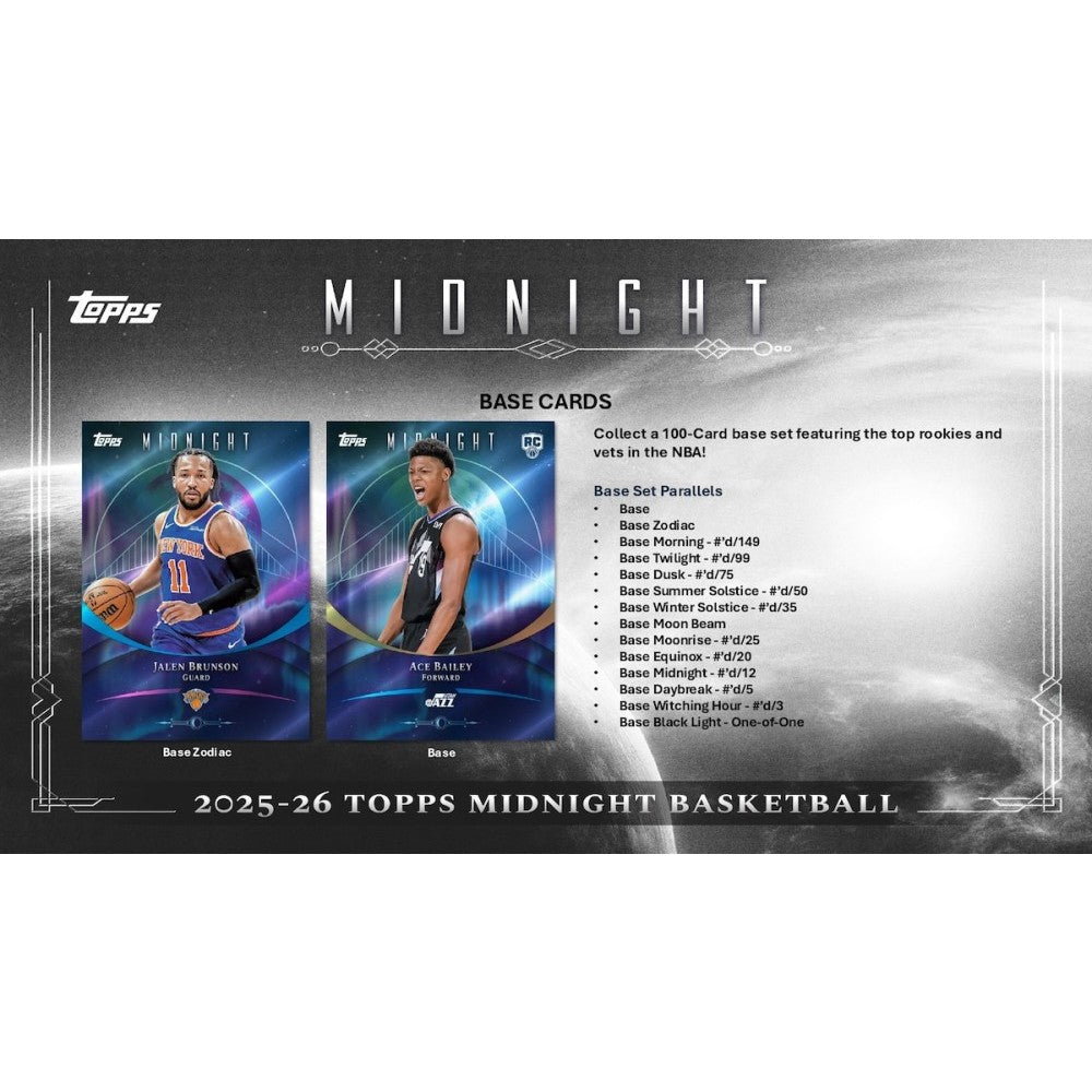 Topps 2025-26 Midnight Basketball trading card packaging with two player cards and a list of cards.