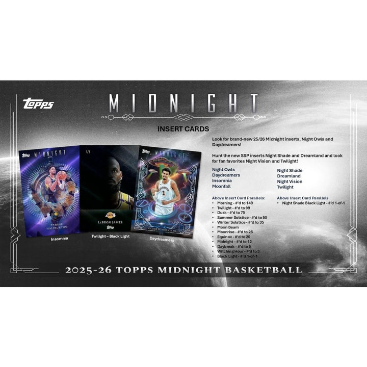 Topps 2025-26 Midnight Basketball trading card pack with player images and insert card details.