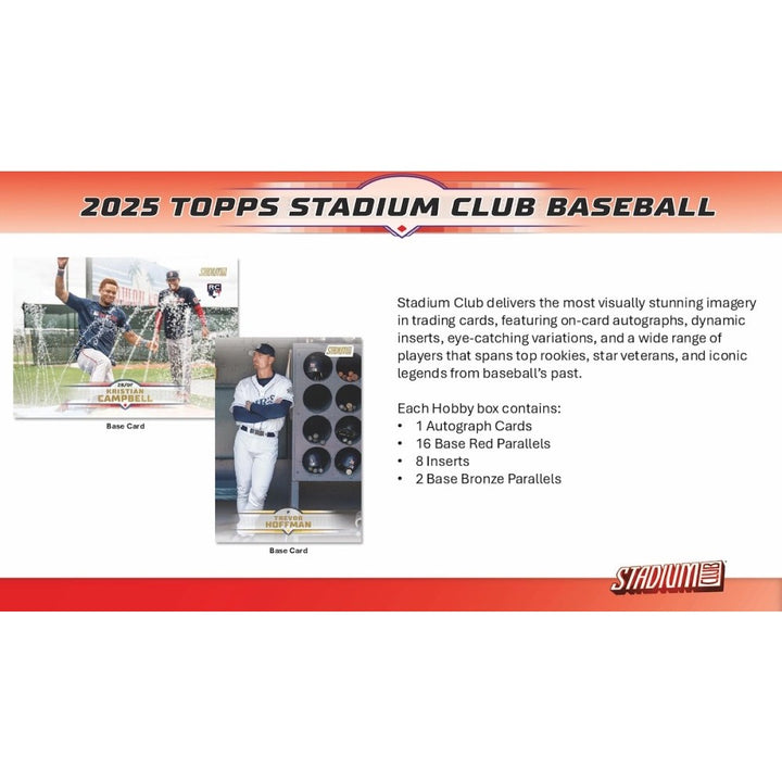 2025 Topps Stadium Club Baseball trading card packaging with images of baseball cards and text about the product.