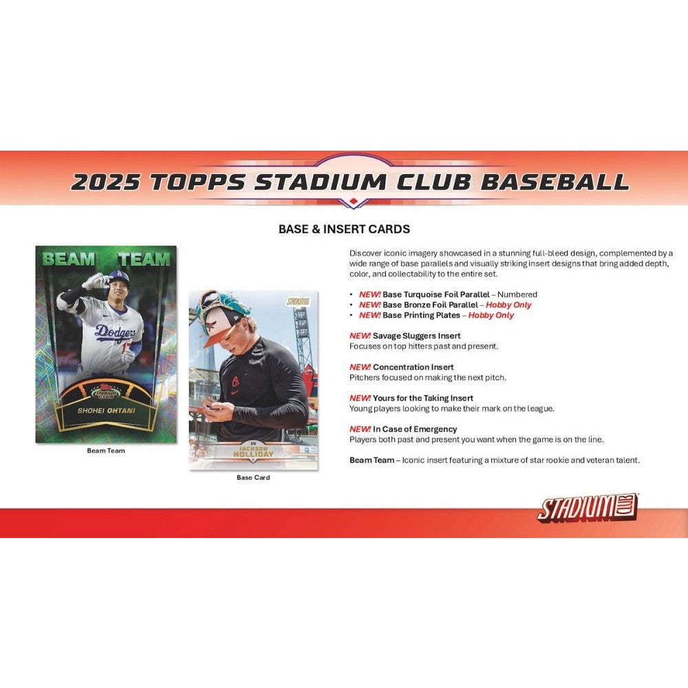 2025 Topps Stadium Club Baseball packaging with two baseball cards displayed.