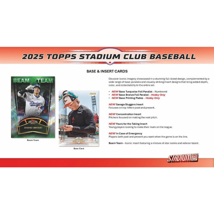 2025 Topps Stadium Club Baseball packaging with two baseball cards displayed.