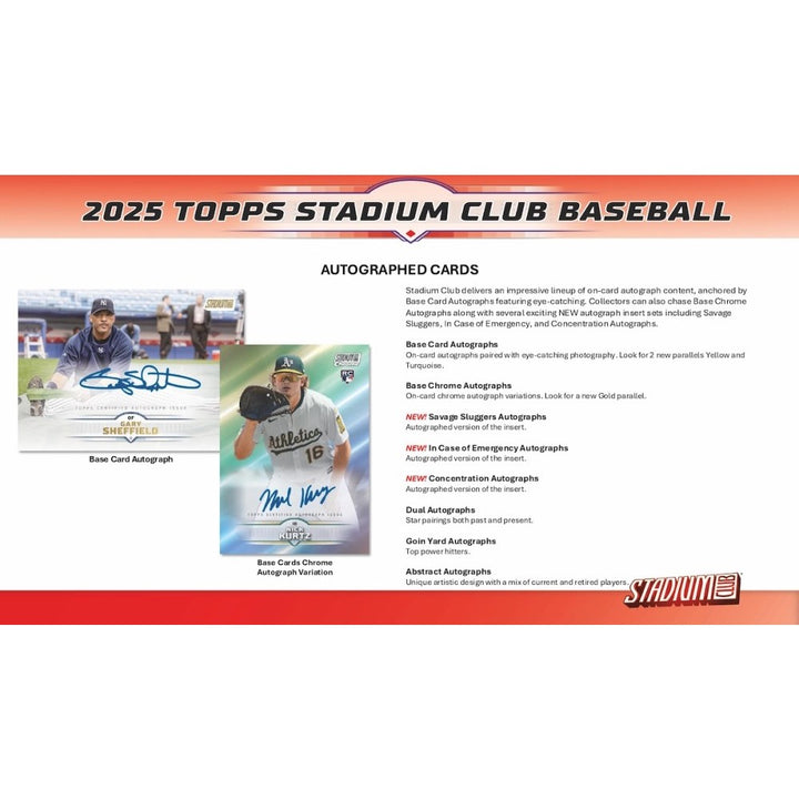 2025 Topps Stadium Club Baseball showing examples of two autographed cards on a white background.