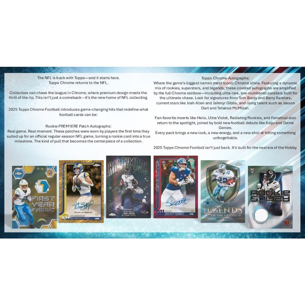 Promotional image of 2023 Topps Chrome Football trading cards with player images and text.