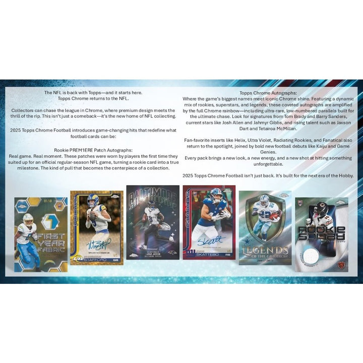 Promotional image of 2023 Topps Chrome Football trading cards with player images and text.