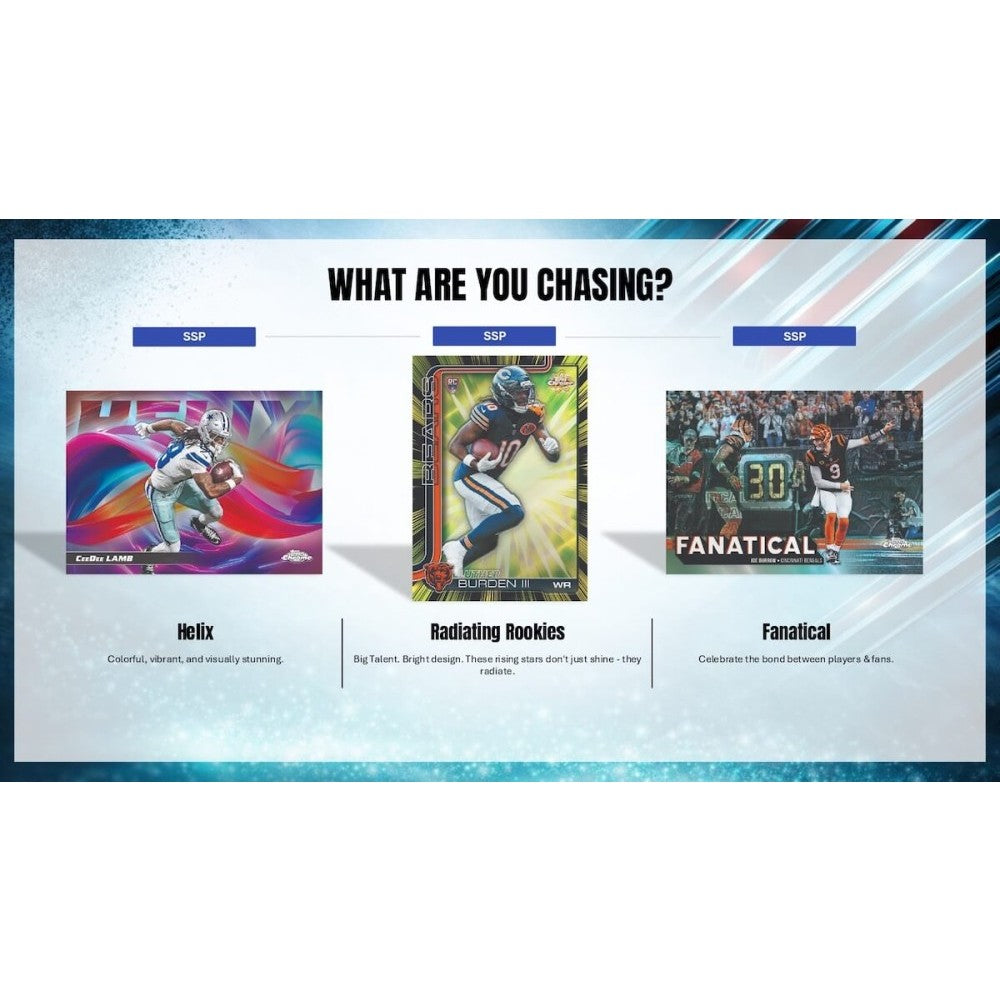 Promotional graphic for sports trading cards with 'What are you chasing?' text and card images.