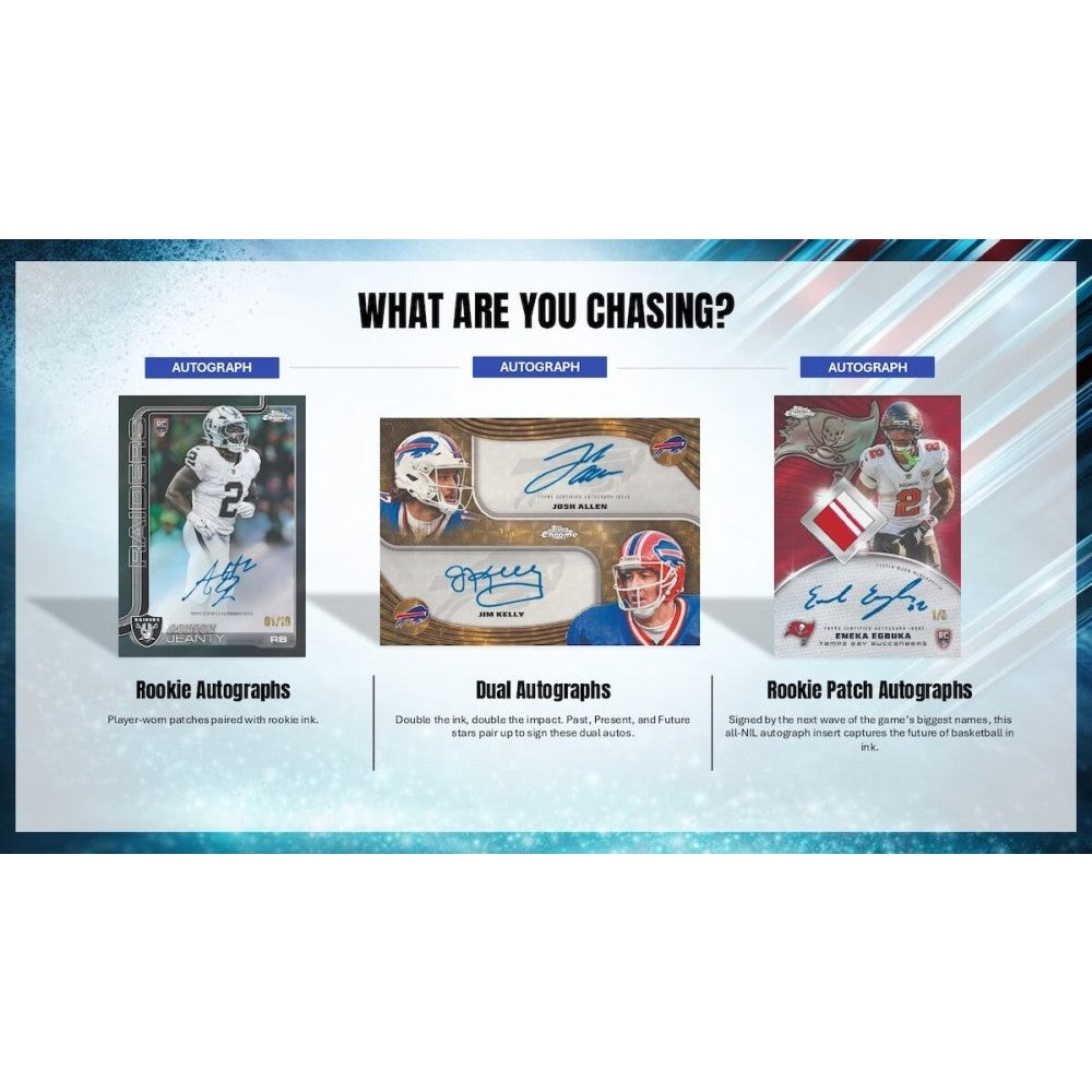 Promotional graphic for sports trading cards with autographs and patches on a light blue background.