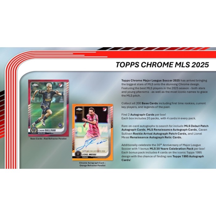 Topps Chrome MLS 2025 trading card packaging with two cards displayed.