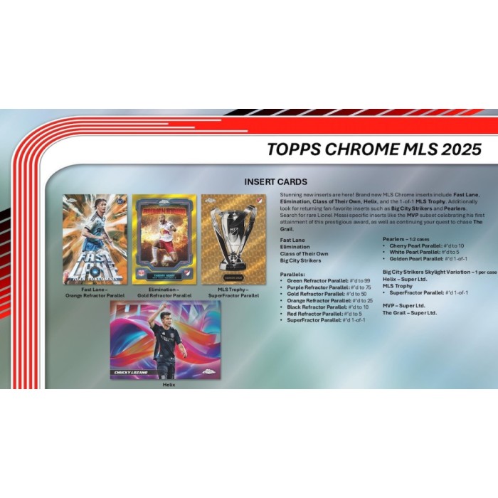 Topps Chrome MLS 2025 trading card packaging with insert cards displayed.