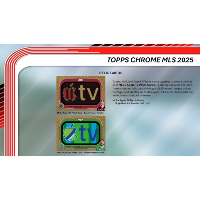 Topps Chrome MLS 2025 relic cards packaging with Apple TV branding.