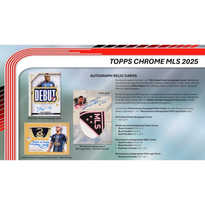 Topps Chrome MLS 2025 trading card packaging with player cards and text.