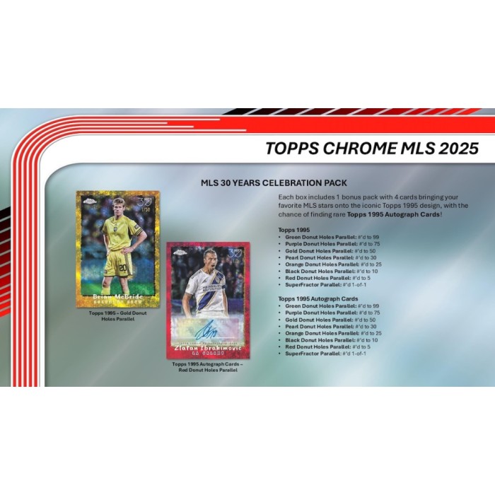 Topps Chrome MLS 2025 trading card pack with two cards displayed on a metallic surface.