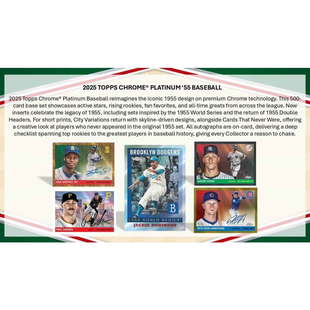 Promotional image of 2023 Topps Chrome Platinum 55 Baseball trading card set with player cards and text.