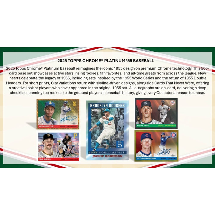 Promotional image of 2023 Topps Chrome Platinum 55 Baseball trading card set with player cards and text.