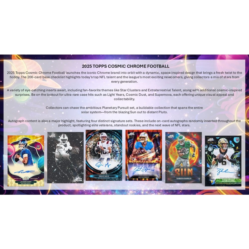 An announcement of 2025 TOpps Cosmic Chrome Football Hobby Box on a white background. 
