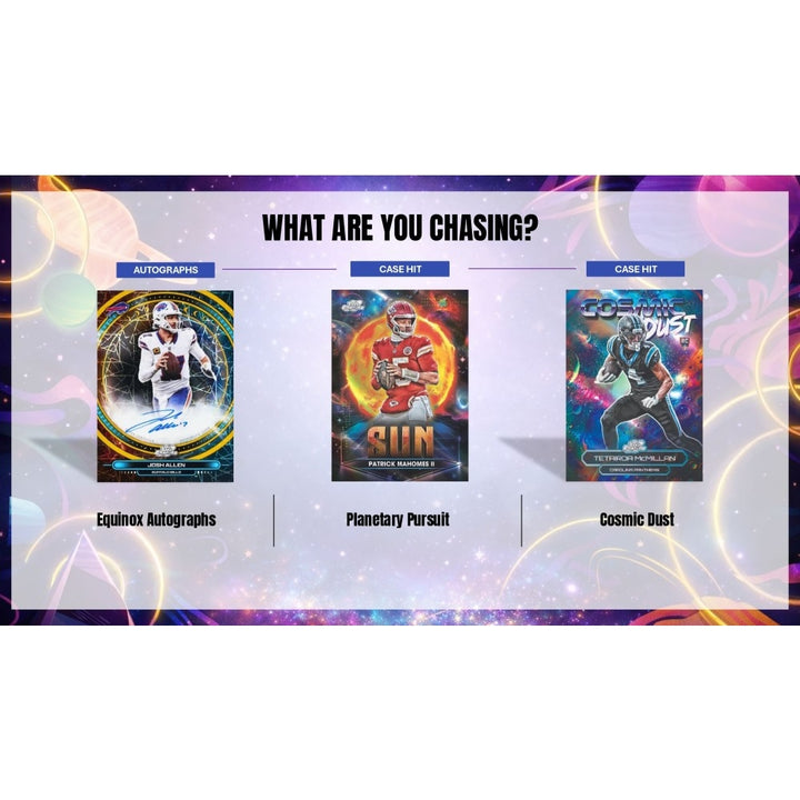 Examples of cards that can be found in 2025 Topps Chrome Cosmic Football Hobby Box including highly sought after cards like Equinox Autographs, Planetary Pursuit, and Cosmic Dust Cards on a white background.