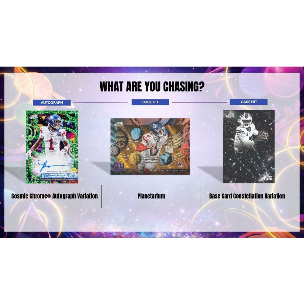 Promotional graphic for trading card packs with 'What are you chasing?' text and card images.