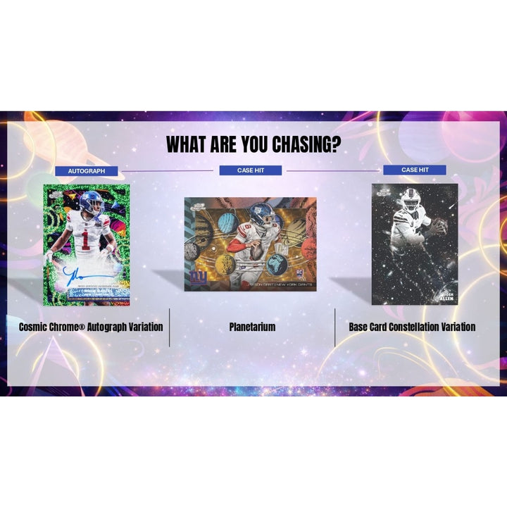 Promotional graphic for trading card packs with 'What are you chasing?' text and card images.