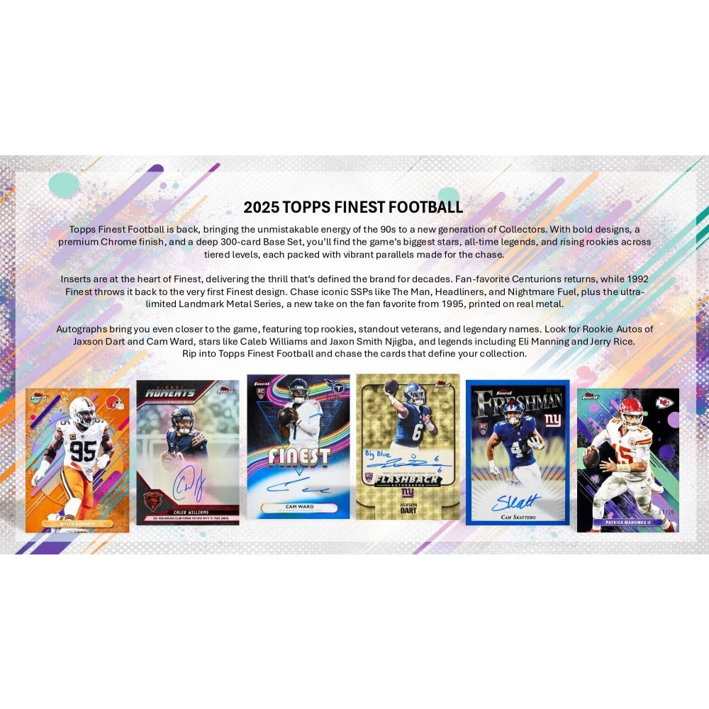 Promotional image of 2025 Topps Finest Football trading cards with text about the product.