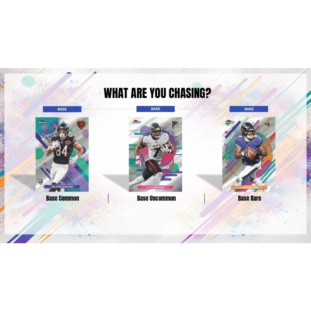 Three sports trading cards with different rarity levels on a colorful abstract background.