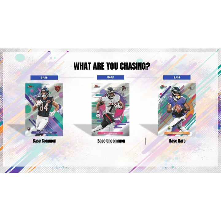Three sports trading cards with different rarity levels on a colorful abstract background.