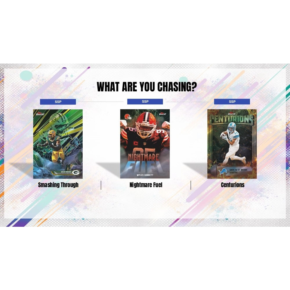 Three sports trading card packs with player images and text on a colorful background.